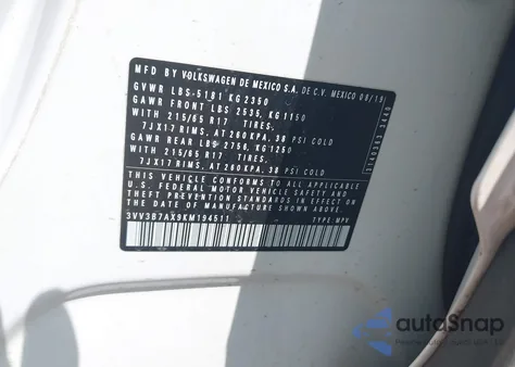 2019 Volkswagen Tiguan 2.0T Se/2.0T Sel/2.0T Sel R-Line/2.0T Sel R-Line Black z USA, uszkodzony, nr VIN 3VV3B7AX9KM194511